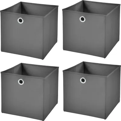 Four dark gray fabric storage cubes are shown from a slightly elevated angle against a white background.