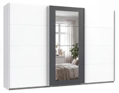 Produktbild von Schwebetürenschrank 3-trg Kleiderschrank 313 cm in Weiß m. Spiegel umrahmt in Grafit / 22632