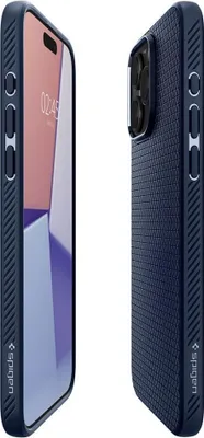 Two views of a dark blue phone case, one showing the front with a phone screen and the other showing the back with a textured pattern.
