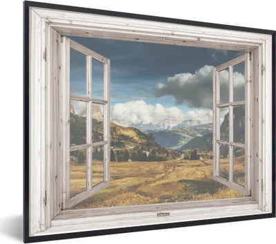 Produktbild von MuchoWow® Gerahmtes Poster Holz - Aussicht - Berg 80x60 cm - Poster mit Schwarzem Bilderrahmen Wandposter Rahmen Foto Bilder - Schwarzem - Mit Gestell