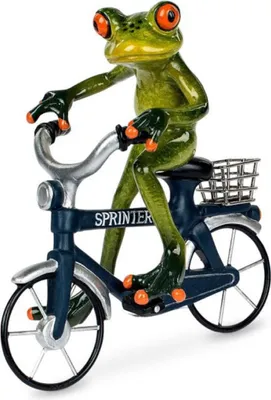 Niedliche Figur eines Frosches, der auf einem Fahrrad fährt. Die Szene ist charmant und detailreich.