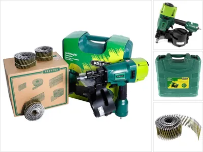 Produktbild von Prebena 8XR-CNW90 Coilnagler Druckluftnagler im Transportkoffer + Prebena CNW25 / 65BKRI Coilnägel Ringschaft 7200 Stück