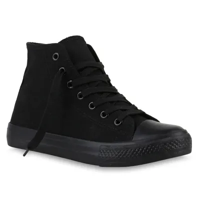 Produktbild von Mytrendshoe Damen Sneakers High Top Sportschuhe Stoffschuhe Schnürer 816743, Farbe: Schwarz Schwarz, Größe: 37