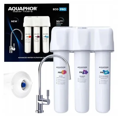 A collage showing an Aquaphor water filter system, its components, and packaging.