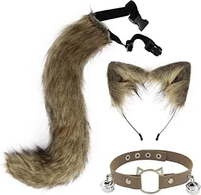 Produktbild von DRESHOW Fuchs Kunstpelz Schwanz Katzenohren Stirnband Halloween Party Kostüm Halsband Cosplay Set für Damen