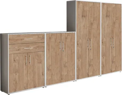 Produktbild von Aktenschrank TABOR 56 in lichtgrau / Gold Harbor Oak, Schrankwand, Büroschrank, abschließbar, Metallgriffe