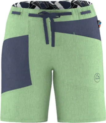 Grüne Damen-Shorts von La Sportiva mit blauen und schwarzen Einsätzen; ideal für Outdoor-Aktivitäten.