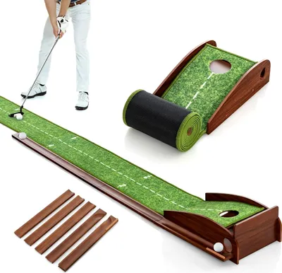 Produktbild von COSTWAY golfová podložka, golfová podložka s 1 otvorom, podložka na trénovanie návratu do auta s 3 golfovými loptičkami a umelou trávou, tréningová podložka pre začiatočníkov a profesionálov