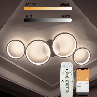 Produktbild von LED Deckenleuchte Modern Weiß Ø88cm, 4-Ring Designer Deckenlampe, Stufenlos Dimmbar 3000–6500K, APP & Fernbedienung, Memory, Nachtlicht, Timer, Wohnz