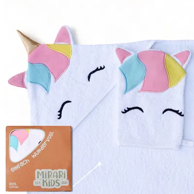 Produktbild von MIRARI Kids Einhorn Handtuch für Kleinkind 0-3 Jahre - Badehandtuch 80x80 mit Kapuze und Waschlappen - Baby Handtuch aus weicher Baumwolle