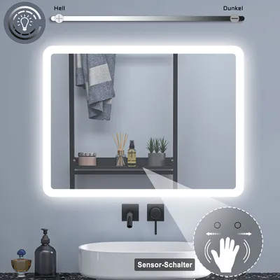 A bathroom scene featuring an illuminated LED mirror above a sink, with decorative items on a shelf behind it.