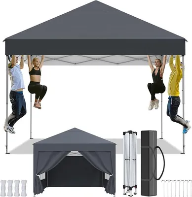 Image de Pavillon de 2,5 x 2,5 mètres ? Pavillon pliable, imperméable ? Résistant aux intempéries ? Protection UV 50+ ? Stable ? Hauteur réglable ? Pavillon de jardin avec 4 parois ? Sac de transport ? Pliable, idéal pour des fêtes en extérieur, couleur anthracite