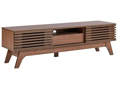 Produktbild von BELIANI Fernsehtisch Dunkler Holzfarbton Spanplatte 44 x 149 x 35 cm Retro Multifunktional Praktisch Elegant Wohnzimmer
