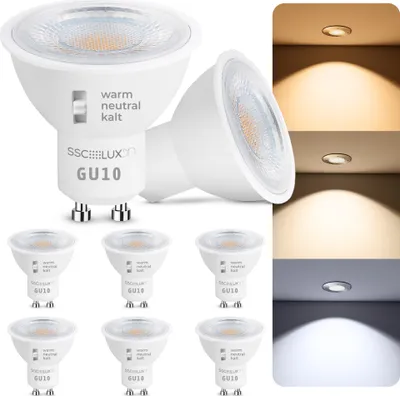 Produktbild von SSC-LUXon 6 Stück LumiFLEX GU10 LED Lampe 3-in-1 Lichtfarben warm + neutral + tageslicht - LED Birnen nicht dimmbar 230V Halogen Ersatz