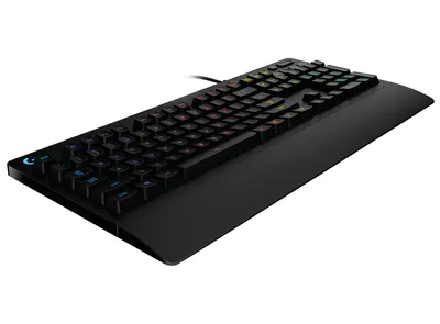 A black gaming keyboard with RGB lighting and a wrist rest, shown from a diagonal angle against a white background.