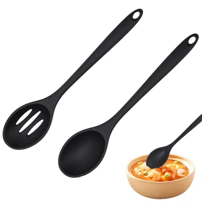 Productafbeelding van Set van 2 siliconen kooklepels - Hittebestendige lepel en schuimspaan 27 cm zwart