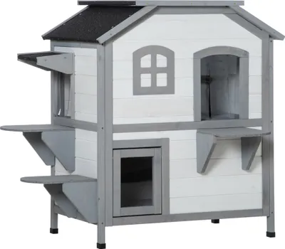 Produktbild von PawHut drewniany domek dla kota, zewnętrzny domek dla kota ze schodami, 2 piętra, domek dla małych zwierząt dla kotów do 4,5 kg, biały, 78 x 55,5 x 91 cm