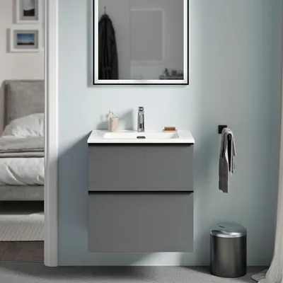 Produktbild von Waschtischunterschrank LAVOA 60 cm mit Waschbecken - Farbe wählbar, Farbe Badmöbel:Anthrazit matt, Waschbecken:Weiß glänzend, Metallgriff:Anthrazit matt