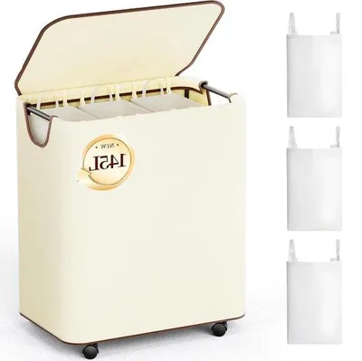 Productafbeelding van Wasmand met wielen - Kledingmand rollend - Was sorteren - Met deksel en zakken - 145 liter - Beige