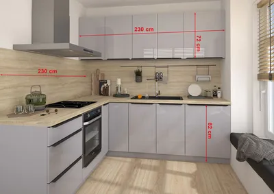 Immagine prodotto di Mobile cucina a L ESSEN 230x230cm fronte grigio acrilico lucido REJS a estrazione totale