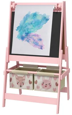 Immagine prodotto di Pannello per bambini 3-in-1 con rotolo di carta, lavagna e lavagna bianca | Colore: Rosa | Dimensioni: 46,5 x 54 x 93 cm