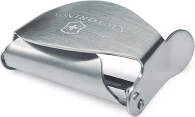 A close-up studio shot of a silver Victorinox peeler on a white background.