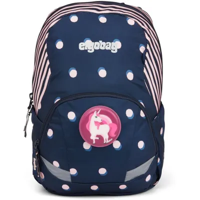 A navy blue children's backpack with pink and white polka dots and pink and white stripes on the sides. It features a pink unicorn patch on the front.