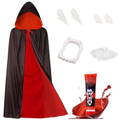 Productafbeelding van Vampiercape kinderen Halloween kostuum - Dubbelzijdig - Zwart-rood - Met capuchon, tanden en nepbloed