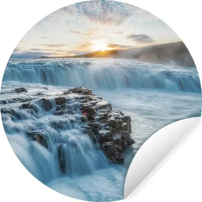 Produktbild von MuchoWow® Runde Wandtattoo - Wandsticker Tapete Aufkleber Wasserfall - Wasser - Steine - Sonne - Natur Ø 30 cm Selbstklebend und Repositionierbar - Wandaufkleber - Kreis - Wandbild - Fototapete - Selbstklebend - Dekoration - Wandschmuck - Schlafzimmer