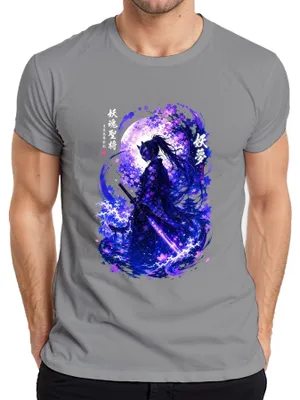 Obrázok produktu pre Tričko s potlačou "Kitsune Samurai Kriegerin Katana Japan Sakura Y2K", sivé, veľkosť XL