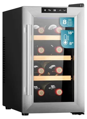 A wine cooler with bottles inside, shown from a diagonal angle.