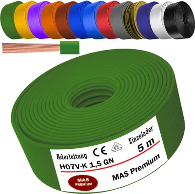 Image de Câble d'alimentation de 5 mètres, type H07 V-K, couleur verte, 1 x 1,5 mm², monoconducteur, flexible