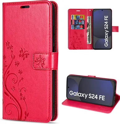 A collage of images showing a red wallet-style phone case with a floral design, and a phone inside the case.