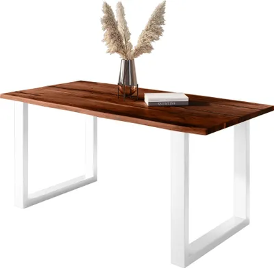 Produktbild von Baumkantentisch Akazie mit schwarzen Resin-Adern nussbaumfarben 160 x 85 cm U-Gestell weiß POLLY