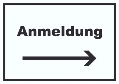 Produktbild von Anmeldung Schild mit Text und Richtungspfeil rechts Aufnahme waagerecht A3 (297x420mm)