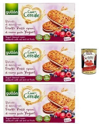 Produktbild von Gullón Cuor Di Cereali con Frutti Rossi Ripieni di crema gusto yogurt, Kekse mit Hafer- und mit roten Früchten, gefüllt mit Sahne mit Joghurtgeschmack, 3x 220g + Italian Gourmet polpa 400g