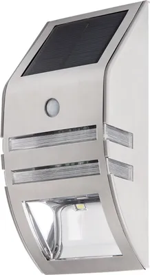 A silver LED solar wall light with a solar panel on top and a motion sensor.