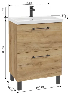 Immagine prodotto di Mobile lavabo DomoDomo 60x80 cm con lavabo - mobile bagno rovere Craft, verticale con 2 cassetti con chiusura ammortizzata, mobile bagno con rubinetto per lavabo