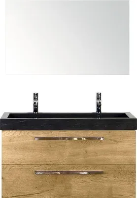 Produktbild von Sanox Badmöbel-Set Seville BxHxT 101 x 170 x 45,5 cm Frontfarbe eiche natur mit Waschtisch Naturstein schwarz, Waschtisc