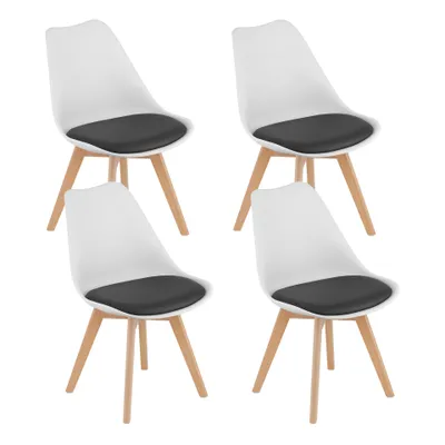 Image de set de 4 chaises de salle à manger Chaise de salon 4x blanche avec rembourrage noir avec pieds en bois massif naturel, chaise à coque confortable & stable