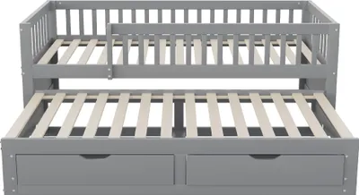 Produktbild von Flieks Kinderbett 90x200cm mit Ausziehbett 90x190cm, Holzbett Klassisches Bett mit 2 Schubladen, Einzelbett Jugendbett mit Rausfallschutz, Grau