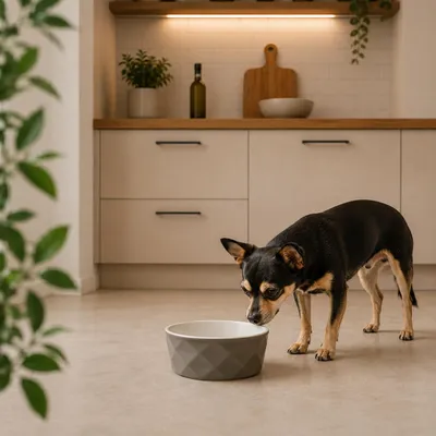 Produktbild von belviona Futternapf für Hunde, Keramiknapf mit rutschfestem Silikonboden, für Nassfutter, Trockenfutter & Wasser, 350 ml, dunkelgrau/hellgrau matt, KI-generiertes Bild