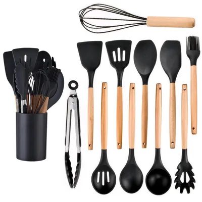 Productafbeelding van Keukenaccessoires set, 12-delig, siliconen, houten handgrepen, hittebestendig, antiaanbaklaag, zwart
