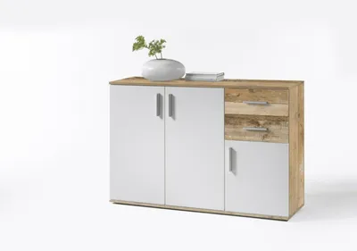 Image de Commode Charly-Bobby Old Style blanc clair Sideboard MDF 3 portes 2 tiroirs