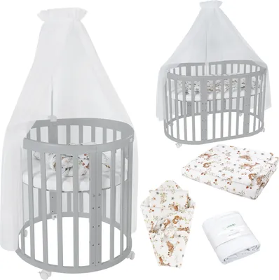 Produktbild von Waldin Babybett OWAL Kinderbett 7in1 mit Matratze, mitwachsendes Kinder-Bett,Stoffe Weiß Tiere,Holz grau