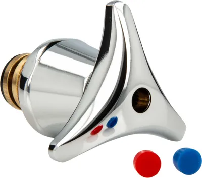 A chrome-plated faucet handle with red and blue indicators.