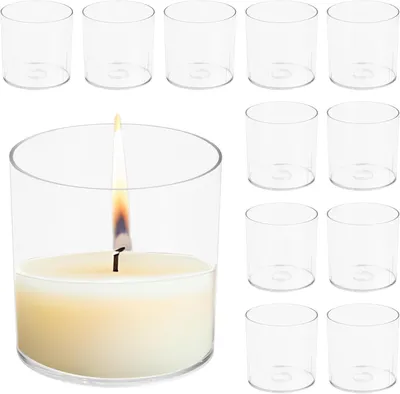 Imagen del producto de Juego de 12 portavelas de plástico, 6 cm de alto x 6 cm de diámetro, para velas de mesa, portavelas transparentes