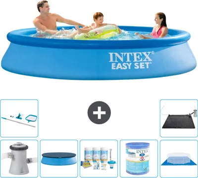 Produktbild von Intex runder aufblasbarer Easy Set-Schwimmpool – 305 x 61 cm – Blau – inklusive Pumpe Abdeckung - Wartungspaket - Filter - Bodenplane - Reinigungskit - Solarmatte