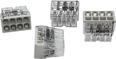Four WAGO 2273-208 compact splicing connectors are shown against a white background.