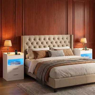 Produktbild von Nachttisch, Beistelltisch mit Tablett, Nachtschrank mit Ladefunktion & LED-Beleuchtung, 2 Schubladen, Modern, für Schlafzimmer